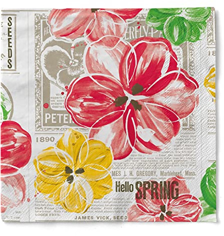 Sovie HORECA Serviette HELLO SPRING in Gelb-Rot, 3-lagiges Tissue, 33 x 33 cm, 1/4 Falz, 100 Stück – florales Blütendesign auf beigefarbenem Zeitungsprint