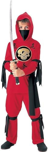 Tante Tina Ninja Verkleidung Kinder - 3-teiliges Ninja Kostüm für Jungen mit langärmligen Kapuzenoberteil, Hose und Gürtel - Rot/Schwarz - Größe L (140) - für Kinder von 7 bis 10