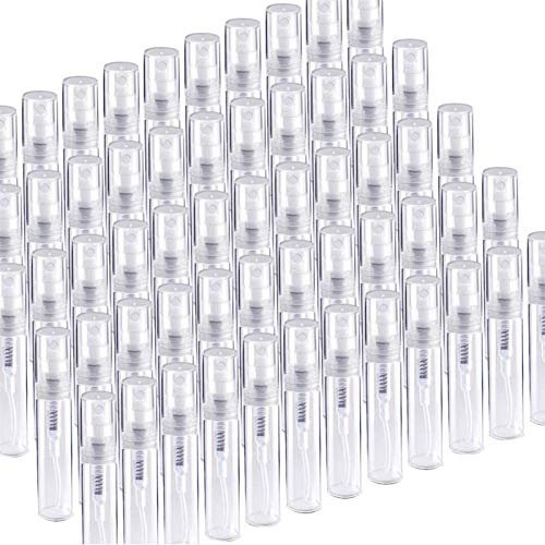 Fandamei 60 Pack 3ml Mini Spray Bottle, Clear Plastic Empty Cute Perfume Atomizer Bottle for Cleaning, Travel, Essential Oils, Perfume.