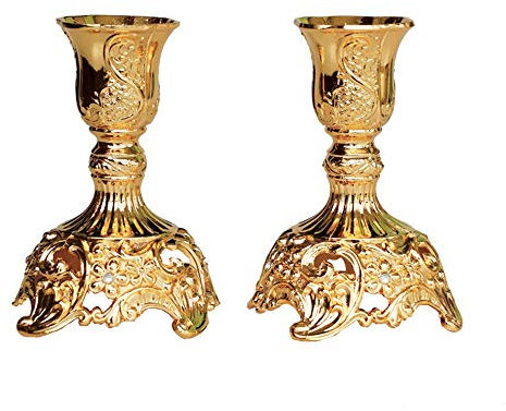 JAZPlayer Goldfarbene Kerzenhalter mit luxuriösem graviertem Design, Set mit 2 hochwertigen goldenen Kerzenhaltern (Gold)