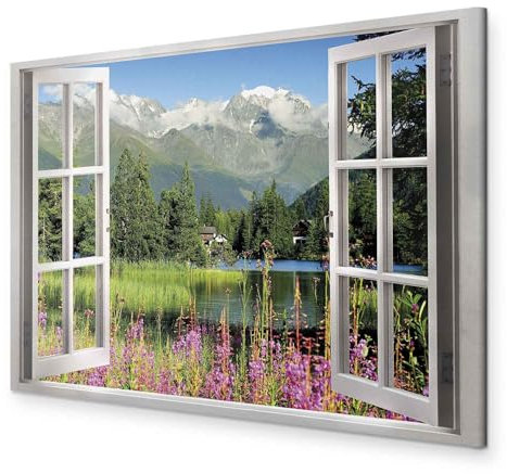 murando - Tableau décoratif paysage 120x80 cm - Impression sur toile colorée - Décoration murale - Arbres montagnes lac paysage nature plantes vue depuis la fenêtre c-C-0297-b-a