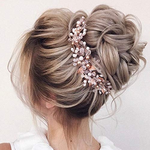BERYUAN Women Pearl Wreath Vintage Gold Leaf Long Hair Vine Piece Wedding Hair Accessory Gift for Her Crystal Hair Piece Party Headress for Bride Bridesmaid Girls (gold)