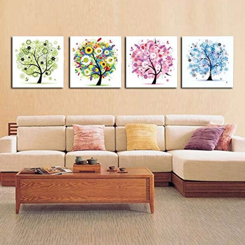 XIANGPEIFBH 4 Pezzi su Tela Dipinti Astratti Gruppo d'Arte Quattro Stagioni Alberi Tela Poster Decorazioni per la casa per Soggiorno 30x30 cm x 4 Pezzi Senza Cornice