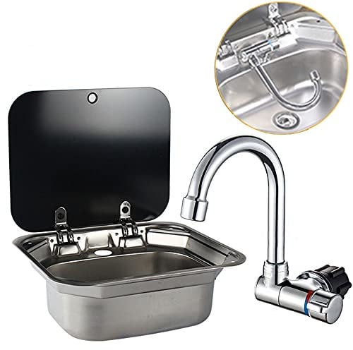 Einzelne Schüssel RV Hand Wash Rechteckige Becken Waschbecken mit Deckel für Fit für kompatibel mit RV Wohnwagen Camper Küche Edelstahl-Spüle 16.5x 14.3 x 6.3 (with faucet U)