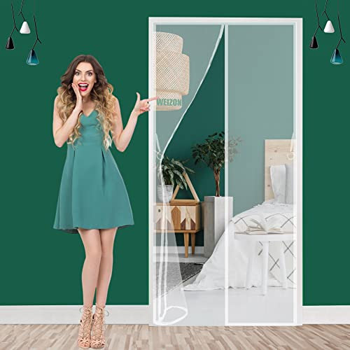 Moustiquaire Magnétique Porte,with Powerful Magnets Anti Insectes Mesh Curtain Moustiquaire Enroulable pour portes fenêtres balcon séjour 215 x 235 cm - Blanc A