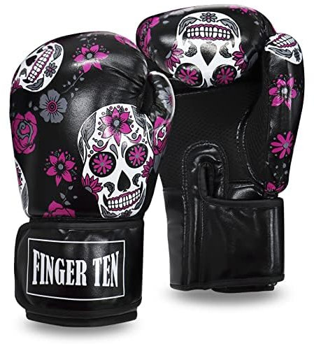 Gant de Boxe Femme Adulte 8 Oz D'entraînement Cuir Synthétique, Gants de Formation Mitaines Professionnelle Kickboxing Sparring Fitness Punching Bagwork Fight et Boxercise (8 oz, Crâne Noir)