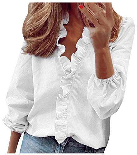 Bluse Damen Tshirt Langarm Blusen T-Shirt Loose Oversize Shirt Einfarbig Vintage 3D Bedruckt Asymmetrisch Oberteile Top mit Motiv Rüschen V-Ausschnitt Blumendruck T, Weiß, XL