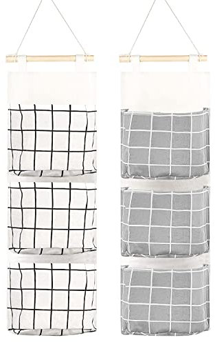 SALADOCY 2 Pcs Portaoggetti Da Parete Con Tasche, Con 3 Tasche, Lino Cotone Appendere Sacca, Per Casa E Ufficio(Bianco e grigio)