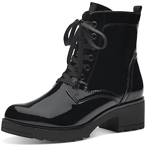 MARCO TOZZI Stivaletti Donna con Lacci in Pelle Sintetica Tacco a Blocco, Black Patent, 36 EU