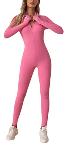 ORANDESIGNE Sport Jumpsuit Damen Lang Eng Yoga Bodysuit Overall mit Reißverschluss Playsuits Langarm Bodycon Strampler Sportanzug Yoga Jogginganzug Slim Fit Kuschelig Onesie B Rosa S