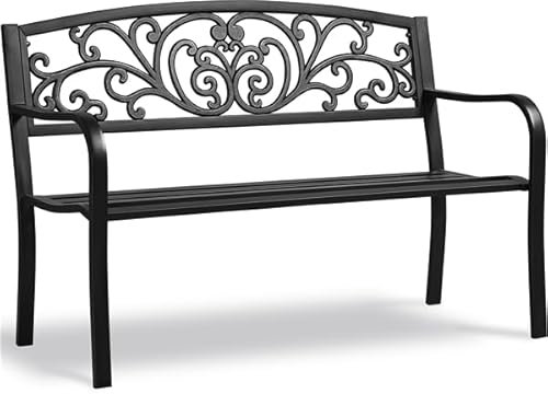 Yaheetech Gartenbank Metall, Wetterfest Parkbank, Eisenbank Ruhebank für 2-3 Sitzer, Vintage Sitzbank mit Rückenlehne Armlehne für Garten, Balkon und Terrasse, Schwarz