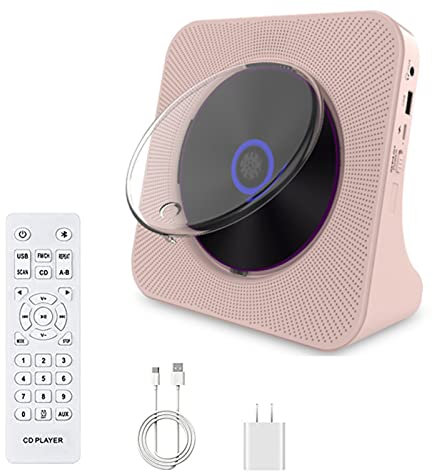 Lettore CD,Lettore CD da Tavolo Bluetooth con Altoparlanti, Copertura Antipolvere, Radio FM, Protezione Anti-Scivolo, Lettore Musicale Home Audio Boombox con Display LCD,Pink-Plug-in