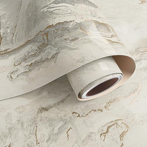 VaryPaper Self Adhesive Marble Effect Wallpaper 40cmx200cm Beige Gold Marble Sticky Back Plastic Roll Vinyl Wrap for Furniture Worktop Vinyl Covering Washable Kitchen Wallpaper for Bathroom Cabinets