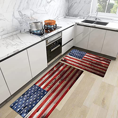 2stk Küchenteppich Waschbar rutschfest Küchenmatte,Rustikale amerikanische USA-Flagge, Unabhängigkeitstag des vierten Juli verwitterte Re,Küchenläufer Fußmatte Teppich Läufer Badematten 45x70+45x120cm