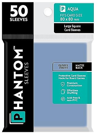 Phantom Sleeves Aqua Größe 80 x 80 mm: Vorderseite glänzend / Rückseite matt - 50er Pack - Transparente Kartenhüllen für Brettspiele & Sammelkarten