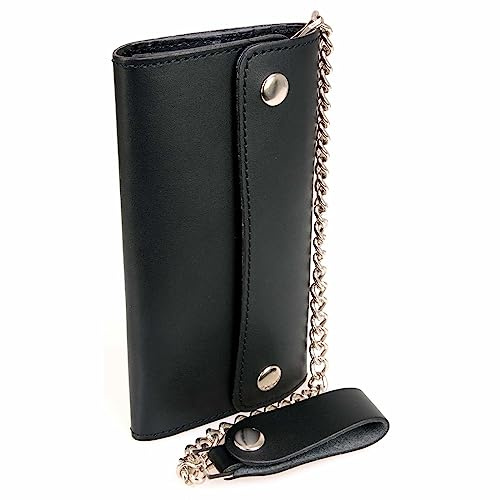 Milwaukee Leather MLW7811 Men's 8” Black Leather Biker Wallet - Bi-Fold w/Anti-Theft Stainless Steel Chain - One Size