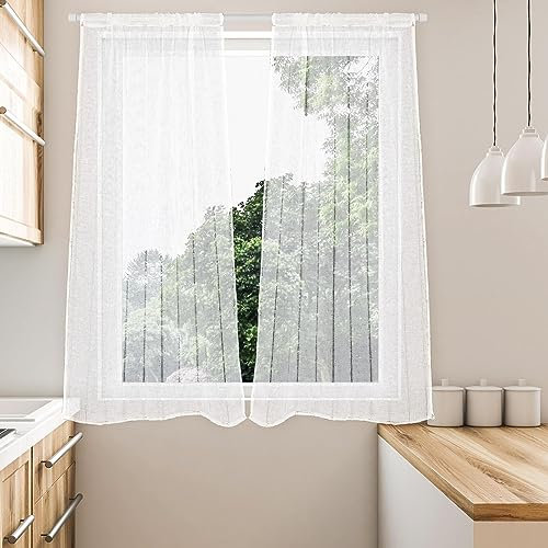 HOMEYA - Cortina Cocina tranaparente 1 Unidad - Visillo para Cocina diseño de Rayas un Panel para Ventana, Marco de Puerta. - 90 x 210 Blanco