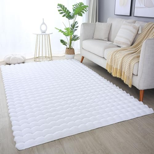 HomebyHome Hochflor Teppich - 3D Moderne Einfarbig Design 200x290 cm Weiss - Flauschiger Kunstfell Shaggy für Wohnzimmer, Schlafzimmer, Kinderzimmer und Flur Extra Weich