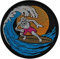 Skull on The Surf Board with Wave of Sunset Embroidereed Patch Iron On. Size: 3.5 x 3.5 inches.