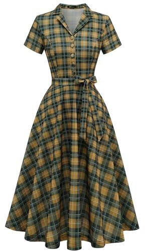 Wedtrend Robe vintage à manches courtes pour femme, robe de cocktail, de fête, de travail, d'église, décontractée, Petits carreaux jaunes et verts, Taille S