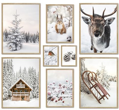ARTFAVES® Poster Set - WINTER WONDERLAND - mehrteilige Wanddeko Wohnzimmer & Schlafzimmer - 8 moderne Wandbilder Weihnachten, Schnee, Reh, Schlitten, Natur - mit Rahmen Eiche