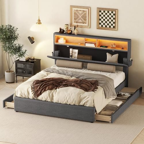 Doppelbett 140x200cm,Polsterbett Stauraum-Kopfteil Bett mit Aufladen USB und LED-Beleuchtung,Funktionsbett mit 4 Schubladen, Verstellbares Kopfteil Grau