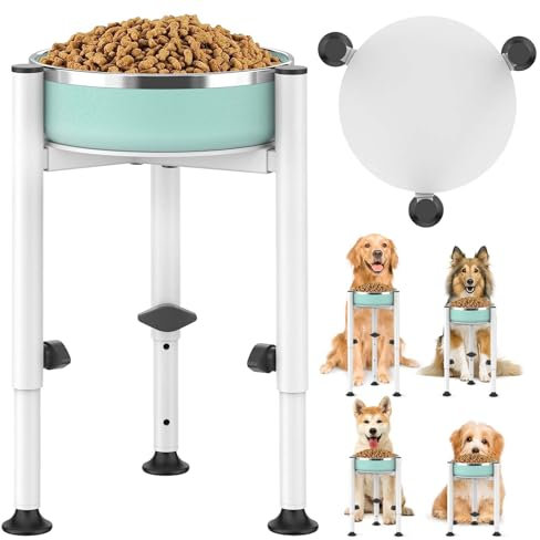 KAZITOO Elevated Raised Dog Bowl Stand, 4 Adjustable Heights 6-10 Wide Single Raised Dogs Food Water Bowls Holder Upgrade Metal Elevated Dog Feeder with Tray (White)