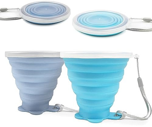 FUZVOL Silicone Foldable Mug with Lid for Camping,2 Pack Collapsible Silicon Cup for Travel,BPA Free Portable Drink Mugs Reusable Cups Retractable Mugs for Outdoor Hiking (Blue+Light Blue)