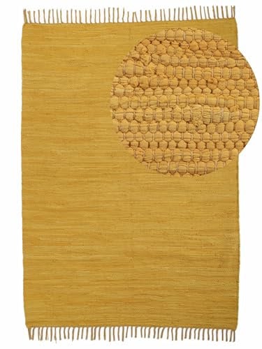 carpetfine Flickenteppich Kelim Chindi Uni Gelb 90x160 cm, handgewebt | Fleckerlteppich aus Baumwolle für Wohnzimmermit Fransen