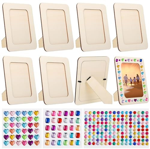 TTYSHIP® 8 Stück Bilderrahmen zum Basteln, 19x14cm Diy Holzbilderrahmen mit Selbstklebenden Glitzersteinen, Bastelset Kinder Bilderrahmen für Geburtstage Jubiläen