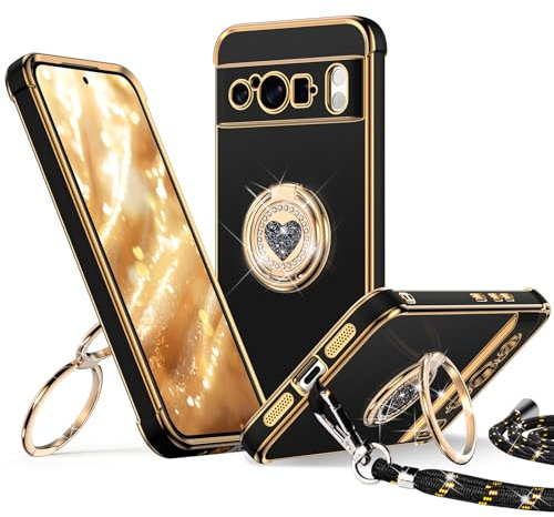 XYZ für Pixel 8 Pro Hülle mit Band, Herz Doppelring Ständer HandyHülle Handykette Frauen Mädchen Dünn Stoßfeste Anti-Kratzt SchutzHülle für Pixel 8 Pro Case, Schwarz