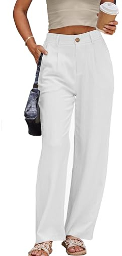 Fakanhui Damenhose aus Leinen, elegante Arbeitshose, Freizeit, Sommer, Business, gerades Bein, Baumwoll-Leinen-Hose, Weiss/opulenter Garten, Groß