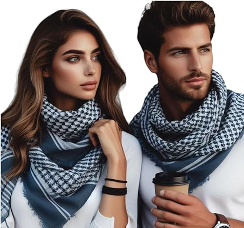 ABTAA - Sciarpa Unisex Shemagh Leggero Con Nappe Deserto Arabo Kufieh Per Uomo Donna Regalo Fazzoletto Shawl Head Shoulder Dimensioni standard Colore Nero Cotone Palestinese Kefiah (Effetto Blu)