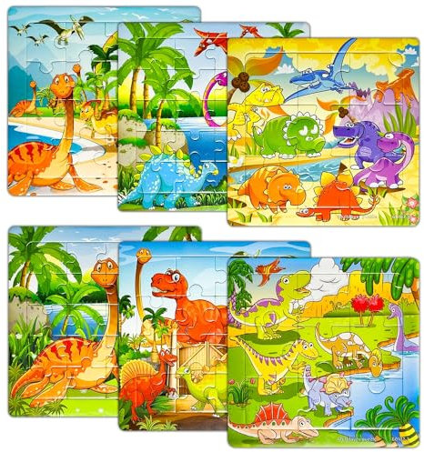 comvastars Papierpuzzle-Set,6-teilig,Kinderpuzzle,Duntes Puzzle für Kinder ab 3 Jahren,90-teiliges Rahmenpuzzle für Kinder, Spielzeugpuzzle für Kinder im Alter von 3 4 5 6 Jahren(Dinosaurier)