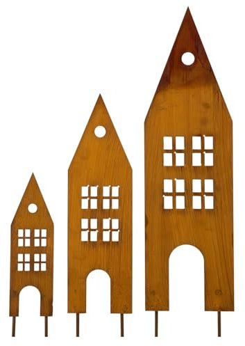 Roststecker Tannenbaum und Elch weihnachtsdeko, 4er Set Metall Rost Deko Weihnachtsbaum Gartenstecker, Herbstdeko Roststecker Weihnachtsdeko für Draußen (3er Set Haus)