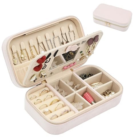 Boxudeli Porta gioielli da viaggio, portagioie piccolo in velluto con specchio per ragazze e donne, organizer portatile per riporre orecchini, anelli e collane (rosa)