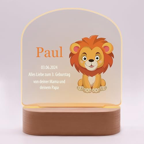 LAUBLUST 3D LED Nachtlicht für Kinder - Personalisierte Lampe mit Baby Namen & Wunschtext | Natur Holzsockel - Geschenk zur Geburt & Taufe für Mädchen und Jungen | Kinderzimmer Deko (Löwe)