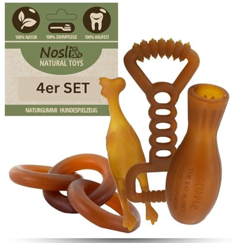 Nosli Natural Toys Hundespielzeug Set • 100% Naturkautschuk • Zahnpflege & Kauspielzeug • Robuste Wurf- & Zerrspielzeuge für kleine & große Hunde • Intelligenz- & Fitnessspielzeug – 4 Stück