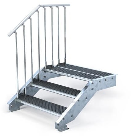 Außentreppe 3 Stufen mit Podeststufe - Höhe variabel von 50 cm bis 60 cm - feuerverzinkte Stahltreppe - Normbreite - montagefertiger Bausatz (1 x Geländer, Stufenbreite 100 cm)