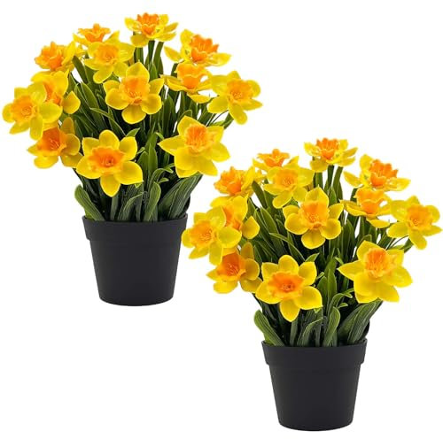 SNAIL GARDEN Lot de 2 jonquilles artificielles en pot avec vase, plantes d'intérieur en silicone souple jaune vif pour la maison, le bureau, la décoration de mariage