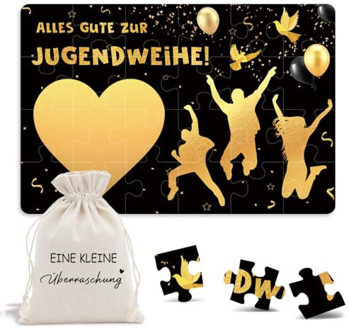 24-teilig Jugendweihe Karten Puzzle Geschenke, Geschenk zur Jugendweihe Mädchen Junge, Schwarzes Gold Gutschein zum Selber Ausfüllen mit Baumwoll-Säckchen