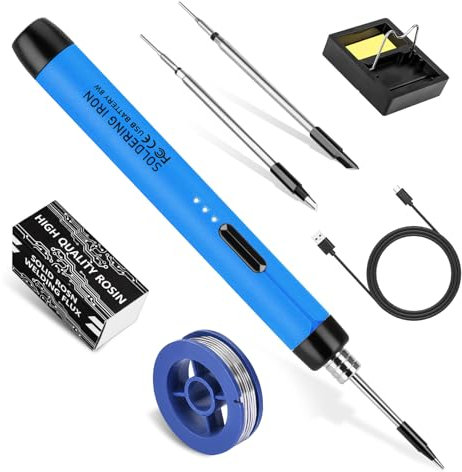Kit de fer à souder sans fil - Kit de fer à souder sans fil USB - Daakro rechargeable - Fer à souder portable - 3 réglages de température - Kit d'outils de soudure pour réparation de soudure (bleu)