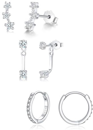 Loutade 3 Pairs 925 Sterling Silver Stud Hoop Earrings Set for Women Girls, Hypoallergenic Small Cartilage Sleeper Silver Earrings Set for Multiple Piercings, Dainty Climbers Studs Ear Hoops Stacks
