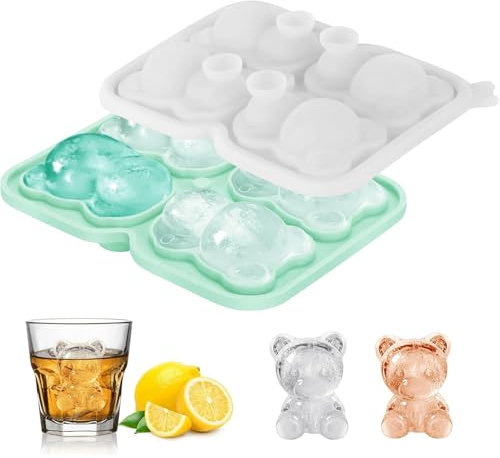 Eiswürfelform Silikon, 4 Niedliche 3D Bär Eiswürfelformen, Eiswürfeln mit Deckel, Eiswürfelschalen einfach Herauszunehmen, für Eis, Whiskey, Cocktail, Saft, Bär Grün