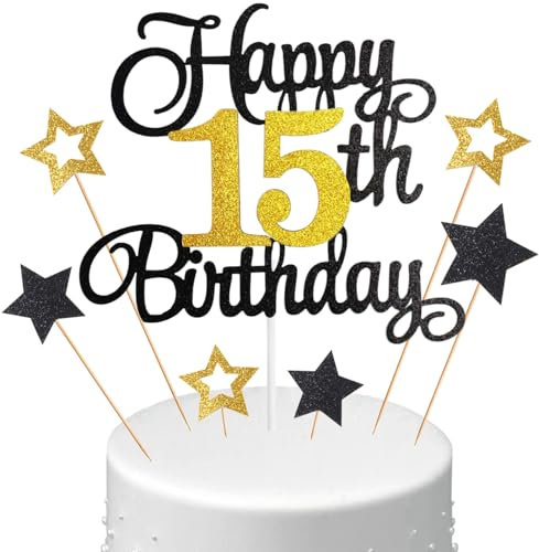 Anlgdi Tortendeko 15. Geburtstag Junge, Kuchen Topper 15. Geburtstag Mädchen, Cake Topper Happy 15th Birthday, Glitzer Cake Topper 15. Jahr Torte Kuchen Deko für Geburstagstorte Deko 15. Kinder
