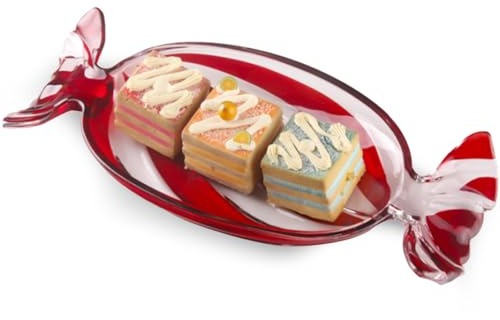 Colorful Glass Candy Platter – Christmas Serving Tray for Holiday Treats, Decorative Dessert Plate for Xmas Parties, Large Festive Glass Dish for Cookies, Snacks & Sweets (Red)