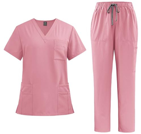 EMATOP Scrubs Set Damen Zweiteiler Kasacks Pflege Sommer Schlupfkasack + Schlupfhose Outfit Krankenschwester Arbeitskleidung Medizinische Uniform Oberteil und Hose Arztkostüm für Krankenhaus