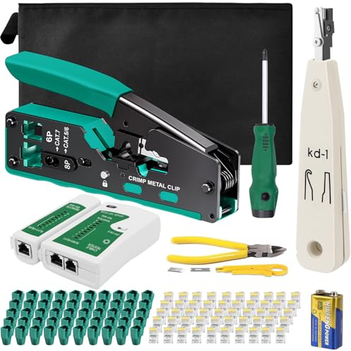 ATPWONZ 119 PCS RJ45 Crimp Tool Kit, Ethernet Crimper, 3 in 1 Pass Through RJ45 Crimper for Cat5 Cat6 Pass Through Connector