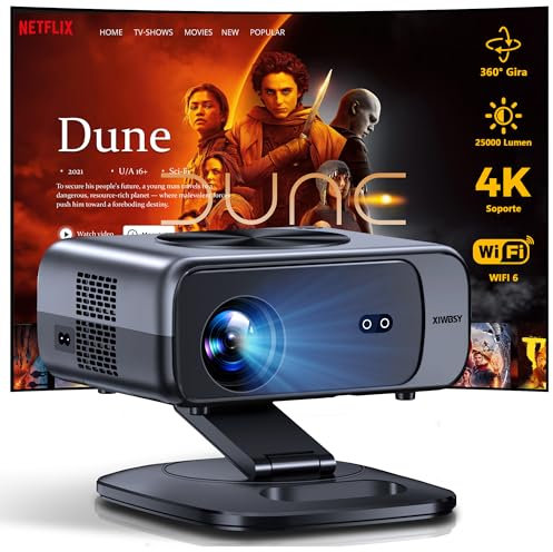 【Auto Focus/Gira 360°】 Proyector, XIWBSY Proyector 4K Soporte WiFi Bluetooth 25000 Lumen Full HD 1080P, Projector Portatil Android Cine en casa/Viajes, App integrada/Puerto WAN/WiFi Miroir