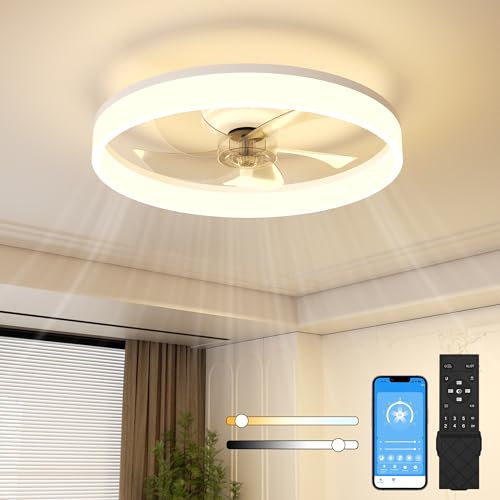 NIORSUN 50CM LED Ceiling Light with Fan and Remote & APP Control, Flush Mount Ceiling Fan, Stepless 6 Speeds,Quiet Dimmable Ceiling Light for Living Room(White)